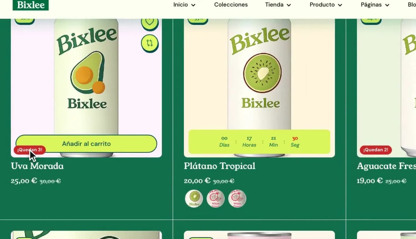 Bixlee product cards with “Only 3 left!” badges read from the stock in Supabase
